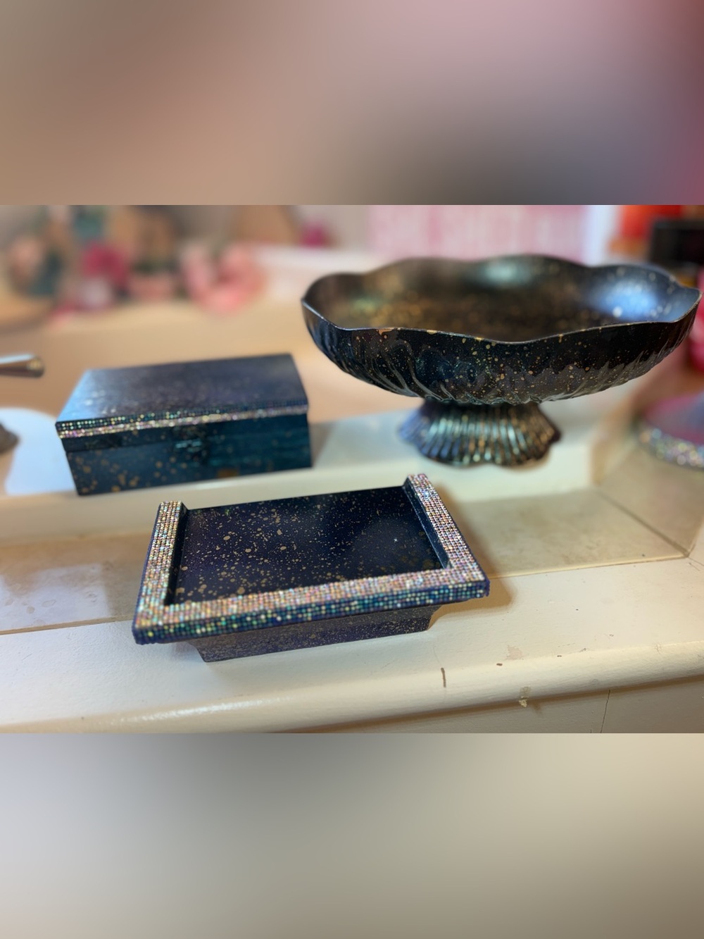 Black w/metallic Gold & iridescent Blue &Rhinestone accents! Bowl/shelf/box